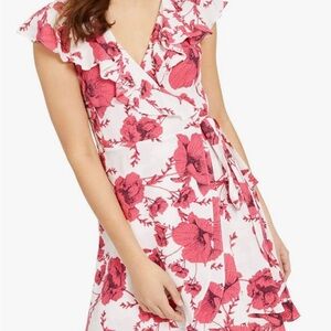 Free People Womens Floral Print Ruffled Wrap Dress Pink and White Size M